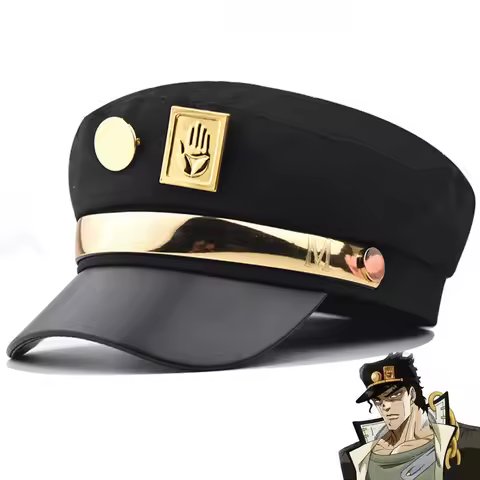 Anime JoJo's Bizarre Adventure Kujo Jotaro Cosplay Cap Unisex Adult Metal Badge Hat Prop