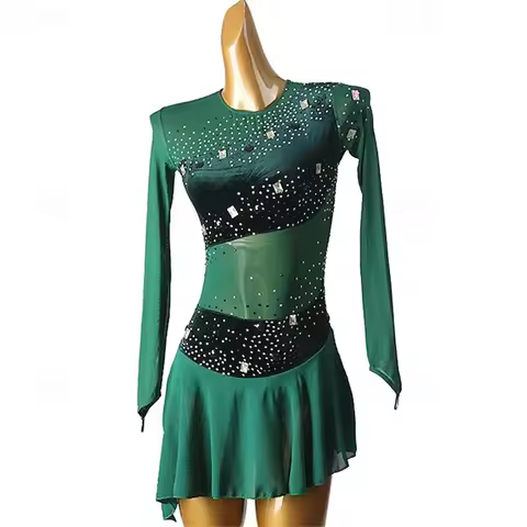 Girls' Ice Skating Dress Dark Green Patchwork Open Back Mesh Spandex High Elasticity Training Practi