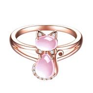 Rose Gold Cat Ring Female Pink Crystal Cat Hibiscus Gemstone Small Ring Tail Ring Jewelry