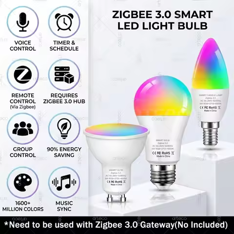E27 E14 GU10 Zigbee 3.0 Smart Light Bulb RGBCW 2700-6500K LED Lamp Works with Zigbee2MQTT Home Assis