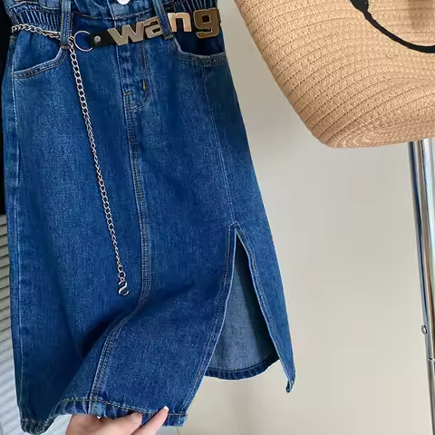 Girls Autumn New Versatile Cowboy Skirt Soild Forking Elastic Waist Comfortable Lively Simple Person