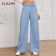 Clashe Palazzo JEANS Women Elastic Waistband Casual Plus Size S-10XL Denim Pants Wanita Solid Color 