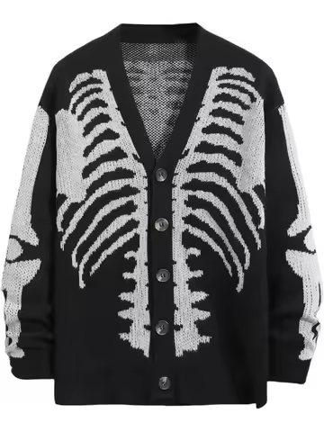 Men's Skeleton Pattern Cardigan Sweaters, Gothic Long Sleeve Unisex Outwear Knitted Coats
