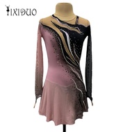 Figure Skating Dress Pink Black Gradient Ice Skating Skirt Long Sleeve Spandex High Elasticity Train