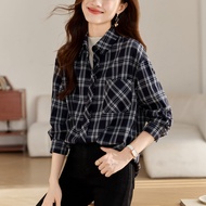 เสื้อเชิ้ตลายสก็อตคอโปโลสไตล์ฝรั่งเศสย้อนยุคไซส์ใหญ่แฟชั่นฤดูใบไม้ร่วง/ฤดูหนาว เสื้อคลุมผ้าขนแกะแบบม
