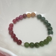 彩虹 碧璽 天然淡水珍珠 彈力 手鏈