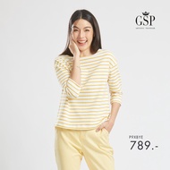 เสื้อยืด เสื้อยืดผู้หญิง GSP Blouse เสื้อยืดแขนยาวลายริ้วสีเหลือง Lucky Stripes (P9XBYE)