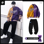 เสื้อคาร์ดิแกนคอตั้งผ้าฝ้ายเบสบอลผสมสีทองสีม่วงทีม Lakers ชุดออกกำลังกายเสื้อฝึกซ้อมบาสเก็ตบอลสไตล์อ