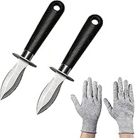Oyster Shucking Knife Set with Cut Resistant Gloves, Stainless Steel Oyster Knife and Protective Glo