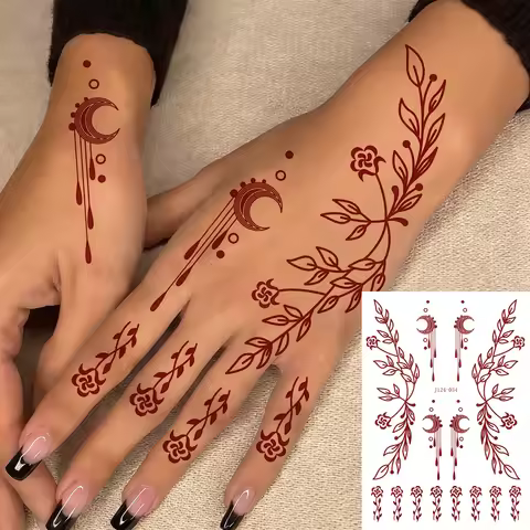 1pc Moon Design Henna Tattoo Sticker For Hand Flower Temporary Tattoo for Women Hand And Body Art Fa