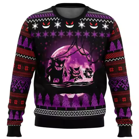 Bandai Pokemon Anime Peripheral Gengar Adult Kids Crewneck Ugly Christmas Sweatshirt Soft Comfy Loos