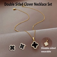 【New】Korean Lucky Four-Leaf Clover Necklace Earrings set Double-Sided Black and White 18K gold pendant necklace Clavicle Chain for women set of 3 in 1