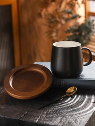 1組黑色陶瓷咖啡杯和茶碟套裝,附有木質杯墊,適合家庭/辦公室咖啡供應