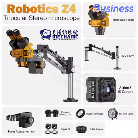 MECHANIC ROBOT Z4 Trinocular Stereo Industrial Microscope Continuous Zoom with DVS-1 Arm Adjustable
