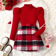 Tween Girl Fitted Turtleneck Puff Sleeve Top & Asymmetric Plaid Skirt 2 Pieces Set,  Autumn/Winter O