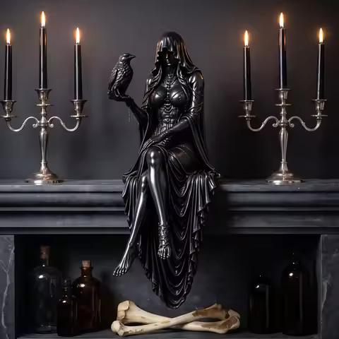 Resin Gothic Raven Shelf Sitter Statue Hooded Lady Reaper Figurine Macabre Desk Decor for Home Garde