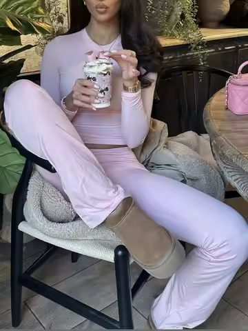 Skinny Cotton T-shirt Pant Set Woman Solid O-neck Long Sleeve Tee+Foldover Flare Yoga Pant Sport 2 P