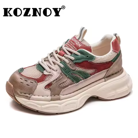Koznoy 4.5cm Air Mesh Suede Cow Genuine Leather Flats Loafer Ethnic Moccasins Rubber Native Shoes Wo