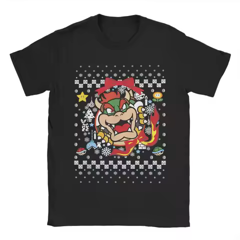 Men Super Marios Bowser Classic Ugly Christmas Graphic T Shirt Cotton Clothes Vintage Short Sleeve R