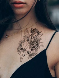 1入組黑色仙女手持花卉暫時性刺青貼紙,適用於手臂、胸部、腹部、背部