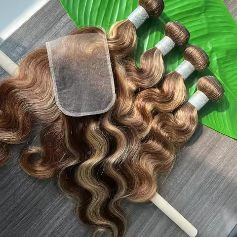 P4/27 Honey Blonde Highlight Body Wave Bundles with 4x4 Closure 15A 100% Virgin Ombre Brown Brazilia
