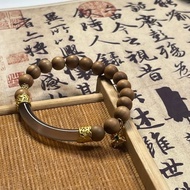 8mm天然老山檀珠 煙紫瑪瑙半鐲純銀鑲嵌設計單圈手串