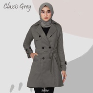 coat blazer wanita panjang bahan kaku tegap abu gelap slimfit dengan sabuk model korea full furing
