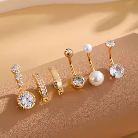 6pcs/lot Reversed Bar Fake Pearl Belly Button Rings Sets Stainless Steel Flower Curved Zircon Belly 