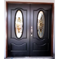 Pintu Kayu Cermin Depan Rumah Full Original Natural Solid Wooden Door Oval Tempered Glass Built-in B