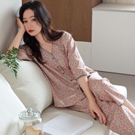 Summer Women's V-Neck Fashion Pajamas Three-Quarter Sleeve Three-Quarter Pants Pure Cotton Floral Lo