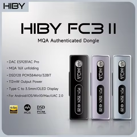 DAC USB Dongle HiBy FC3 MQA Dongle Type C to 3.5mm 112mW Output USB DAC Audio HiFi Decoder Headphone