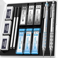 Nicpro 2 PCS Blocky Gear Metal Mechanical Pencil Set in 0.5 & 0.7 mm with Case, HB, 2B Drafting Penc