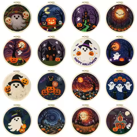 Halloween Punch Needle Kit Halloween Theme Punch Needle Embroidery Kit with Hoop Easy DIY Wall Art C
