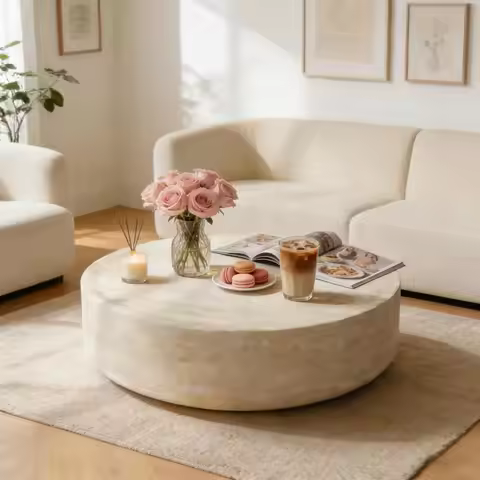 Marble Coffee Table, Modern Round Coffee Table for Living Room, Circle Drum Coffee Side Tables, Fibe