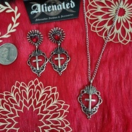 Flame Heart Cross Red Necklace Earrings Gothic Grunge
