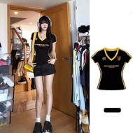 Summer New Style v-Neck Contrast Color Stitching Letter Printing Slim-fit Narrow-Waisted Top America