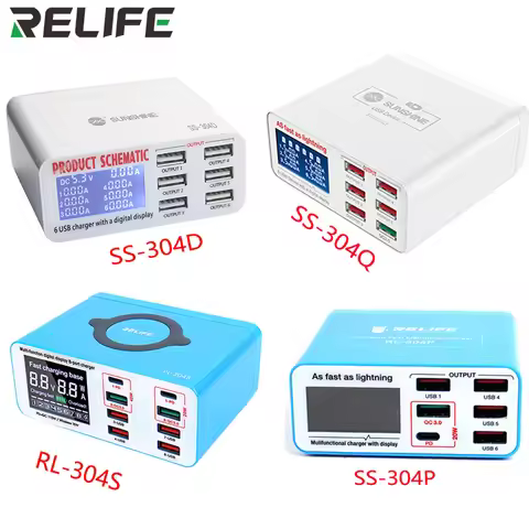 RELIFE RL-304P SS-304D SS-304Q Smart 6 Port USB Digital Display Lightning Charger For IPhone Samsung