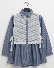 Kemeja Atasan Wanita Bahan motif Salur Kombinasi Renda Rajut- Baju Blus Motif Salur Kombinasi Renda