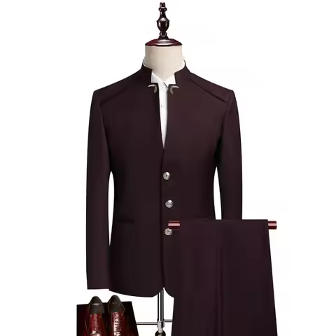 KIDWHXR Man 2-piece Suit Set Stand Collar Single-breasted Blazer Male Straight-leg Pant Men Retro So