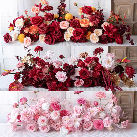 Burgundy Red Rose Luxury Aisle Floor Flower Row Rose Anthurium Floral Arrangement Wedding Backdrop D