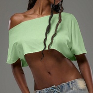 เสื้อยืดผู้หญิงขนาดเกินแบบคอไม่สมมาตร สไตล์ถนน Ibiza