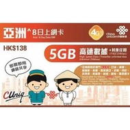中國聯通 - 【亞洲】8日 4G/3G 無限上網卡數據卡 (首5GB高速數據) 香港行貨 **最後啟用日期：30/06/2024**