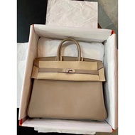 Leather birkin25cmB Turtle Dove Gray Togo Silver Buckle Platinum Bag Hand-Sewn German Original Facto