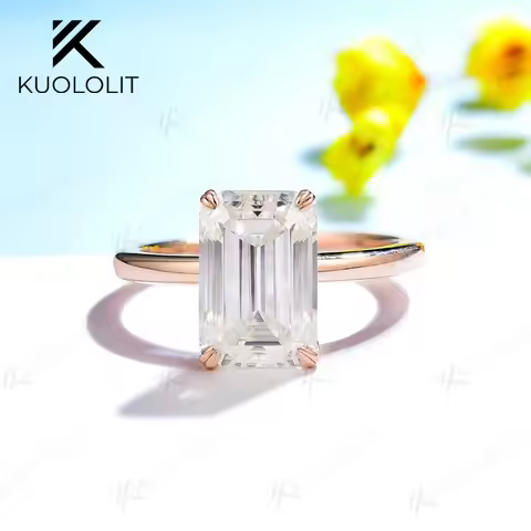 Kuololit Emerald Cut Moissanite Diamond Ring for Women Solid 18K 14K 10K Gold Solitaire Ring for Eng