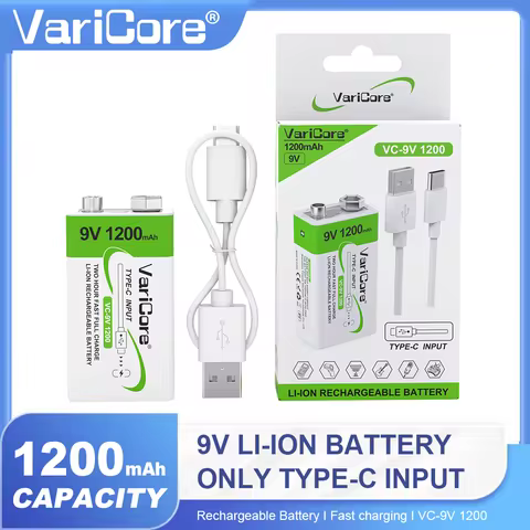 VariCore 1200mAh 9V li-ion Battery 6F22 Rechargeable Battery USB Type-C Charge For Microphone Multim