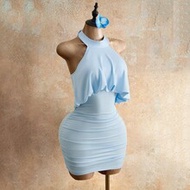 Women's Light Blue Y2K Halter Neck Ruched Bodycon Mini Dress,Draped Backless Form Fitting Party Outf