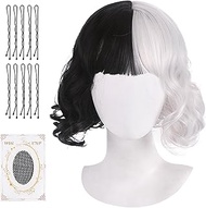 Fennoral Cruella Deville Wig Children Half Black Half White Short Wigs with Hair Clip Wig Cap Cruell
