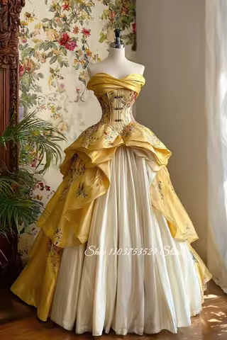 Customised Gold Strapless Printed Prom Dress Embroidered Corset with Full Skirt Evening Gown School