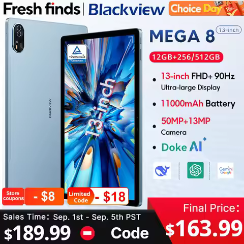 Blackview MEGA 8 Tablet 13 inch FHD+ Display 11000mAh 256GB 512GB AI Android 15 50Mp Camera 4 BOX Sp