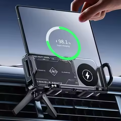 Dual Coil Fold Screen Car Fast Wireless Charger Stand Holder For iPhone 16 15 14 Pro Max Samsung Gal